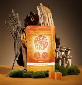 Off Grid Mushroom Gummies Peach, 300 mg per gummy, pouch, front
